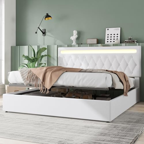 Polsterbett 180x200, LED Doppelbett mit USB Typ C Anschluss&Großer Stauraum, Bett Hydraulisch Stauraumbett Funktionsbett Rückenlehne Bettgestell Jugendbett mit Lattenrost, Leinen (Weiß, 180 x 200cm)