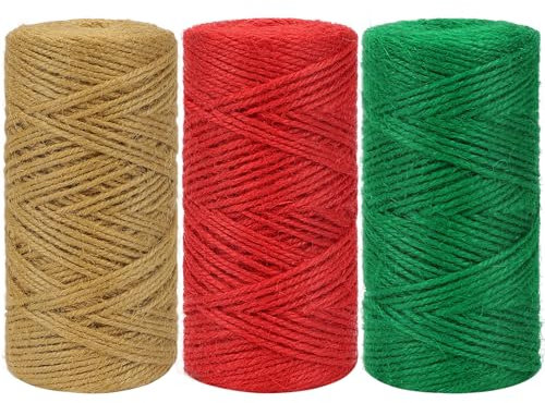 tenn well 2mm Jute Garden String, 300m Natural Jute Twine Colored String for Gift Wrapping, Gardening Floristry and Crafts Decoration (Red Green Brown)