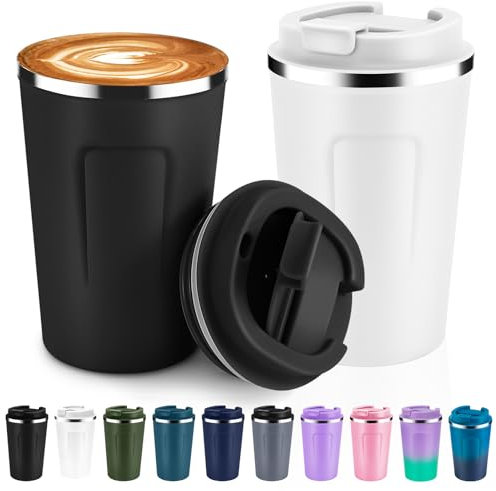 Volhoply 360 ml Doppelwandige Isolierte Vakuum-Reise Thermobecher mit Klappdeckel (2er-Pack),Edelstahl kaffeetasse,Tragbarer Isolierbecher für Kalte & Heiße Getränke (Assortiert,2 Sets)