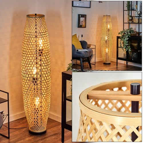 HOFSTEIN Mulstrand golvlampa, golvlampa av metall/bambu i svart/natur, modern lampa i boho-design med stor ljuseffekt och fotbrytare, 120 cm, 3 x E27, vardagsrum, sovrum, hall