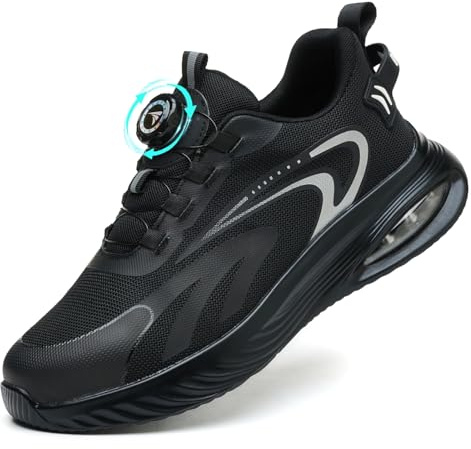 AEKYIWL Zapatos de Seguridad para Hombre Mujer Calzado de Seguridad Comodo Zapatillas de Trabajo con Punta de Acero Cordón con Hebilla giratoria Negro, 48 EU