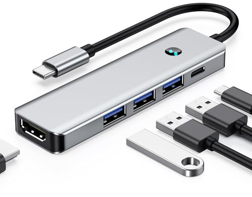 USB C Hub 5 in 1 Multiport Adapter 4K 60Hz HDMI, 100W Power Delivery, 3 USB-A Data Port, USB 3.0 USB C Dongle for MacBook Pro/Air, iPad Pro, iMac, iPhone 17, XPS, Thinkpad, Steam Deck, Samsung