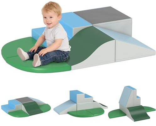 HOMCOM Set da Gioco per Bambini 1-3 Anni da 6 Costruzioni, Gioco per Bambini con Blocchi Morbide in PU ed EPE, Verde, Beige, Grigio, Blu