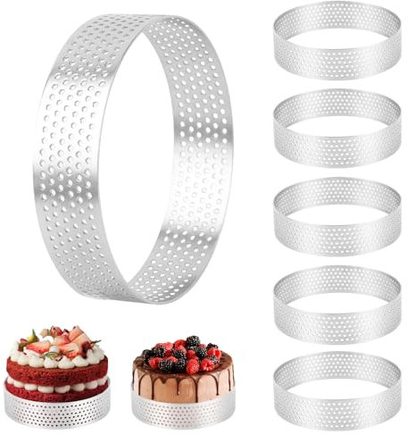 6 Pezzi Anello Microforato Crostata, 8 cm Stampo Crostata Microforato in Acciaio Inox 430, Riutilizzabile Rotondo Stampo per Dolci antiaderenti, Anello Traforato per Crostate Pasticceria Torta Mousse