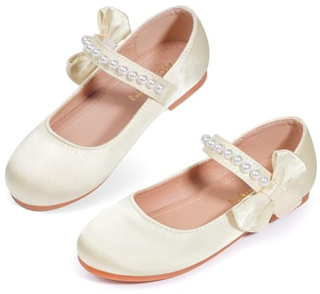 KDVOG Toddler Girl Satin White Dress Shoes Flower Girl Bowknot Pearl Ballet Flats Mary Jane Wedding Party Communion Princess Shoes(Ivory Satin,Little Kid 3)