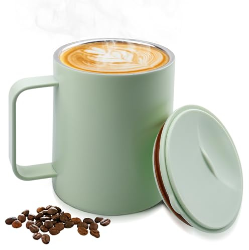 WIYETY Tazza termica da caffè da 400 ml: in acciaio inox con manico antiscivolo e coperchio a modulo scorrevole, tazza termica da campeggio, grande volume da viaggio, tazza termica per caffè e tè