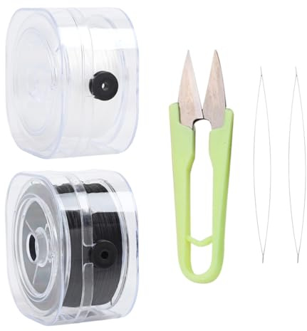 KEQAR Caja de cordón elástico – cordón para perlas DIY 0,8 mm x 180 m, con tijeras y agujas para perlas, para pulseras y collares, negro y blanco