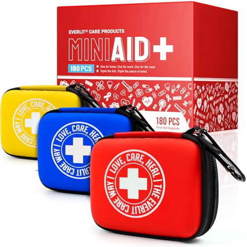 EVERLIT CARE Mini-Aid First Aid Kit | Compact & Lightweight Case with Carabiners for Travel | Family & Kid Friendly 180 Pcs Wound Care Supplies for School, Work, Outdoor, Home & Office | Pack of 3
