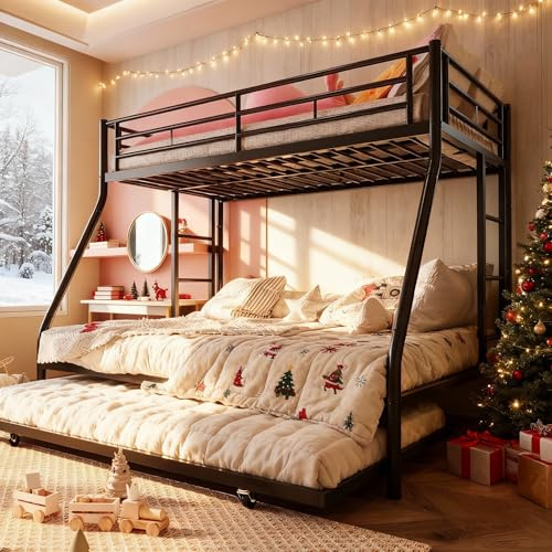 SUNLEI Metal Bunk Beds with Double Secured Ladders, Bunk Bed Twin Over Full with Surrounded Safety Guardrails, Noise Free for Small Bedroom, with Trundle Function Space Saver Twin Beds, Royal Black