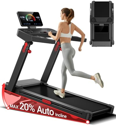 LONTEK Tapis de Course avec Inclinaison Automatique de 20%, 14KM/H, 3.5CV | Tapis Roulant Pliable avec Console Réglable sur 4 Niveaux, 3.5CV Treadmill avec Affichage LED, 180KG
