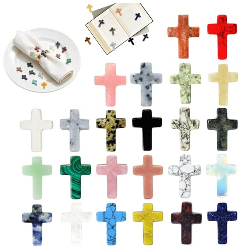 YMTWSRY 24 Stück Kreuz Edelstein, Handschmeichler Kreuze Heilende Kristall Kruzifix für Andachtsgebete Taufe Kommunion Geschenke Tischdeko