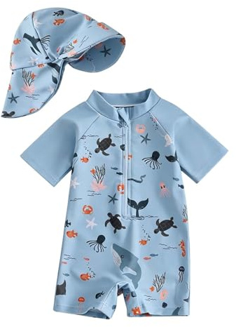 Traje de Baño Bebé Mangas Largas UPF50+ Bañador con Capucha Cómoda y Transpirable Rash Guard con Cremallera Verano Traje de Baño para Playa Vacaciones 0-3 Años Bebe Niño Niña