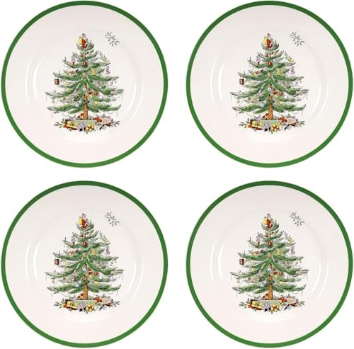 Spode Speiseteller Weihnachtsbaum 26,7 cm (4 Stück) – Festlicher Feiertagsteller aus Steinzeug mit Weihnachtsbaum und grünen Rändern, mikrowellen-, spülmaschinen-, gefrier- und ofenfest –