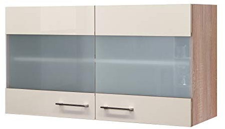 Flex-Well Glas-Hängeschrank Nepal - Küchenschrank - 2-türig - Breite 100 cm - Creme glänzend/Eiche Sonoma