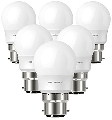 Bombillas LED con Casquillo B22 (5 Vatios, 550 lúmenes, Blanco Frío 6500 Kelvin, No Regulables, Forma P45 estándar) Paquete de 6