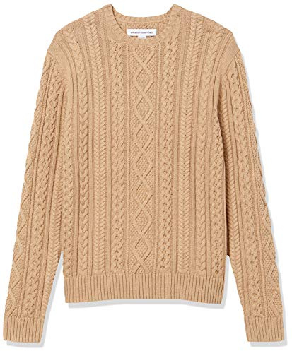 Amazon Essentials Jersey de Manga Larga 100% de Algodón con Trenzado Aran y Cuello Redondo Hombre, Camel, M