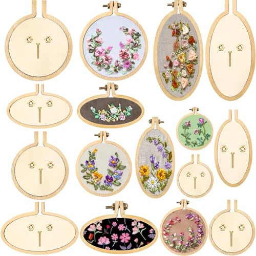 Syhood 16 Sets Mini Embroidery Hoop Wooden Mini Stitch Hoop Ring for DIY Pendant Crafts, Round, Oval Vertical, Oval Horizontal