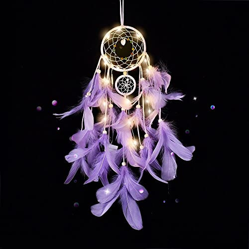 CHMMY Atrapasueños de Unicornio Luz LED,Decoración Romántica,Atrapasueños de Plumas Hechas a Mano,Dream Catcher Decoración para Colgar en la Pared,Dormitorio,Regalo de Cumpleaños (Dreamcatcher-6)