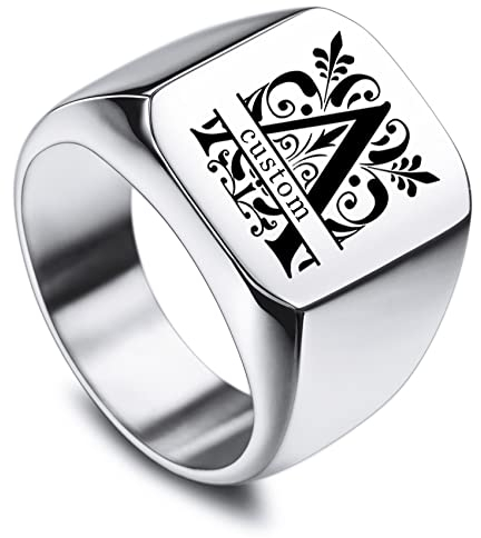 MunkiMix Männer Ringe Edelstahl Quadratischer Siegelring Personalisiertes Valentinstagsgeschenk für ihn Herren, Trauringe, Silber Ring mit Gravur