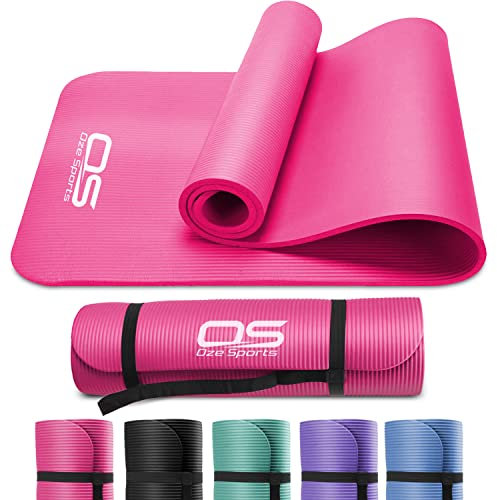 OZE SPORTS Yoga Mat Exercise NBR Fitness foam mat Extra Thick Non-Slip Large Padded High Density ideal for HiiT Pilates gymnastics mats Fitness & Workout with Free Carry Strap (Pink)