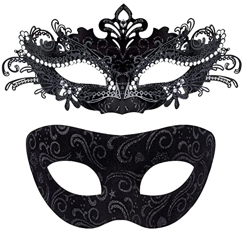 SIQUK 2 Pièces Couple Masque Vénitien Masque de Mascarade Vénitien Masque Mascarade Bal Masqué pour Femme Homme Les Yeux pour Halloween Mascarade Carnaval, Noir