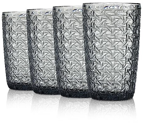 Joeyan Gris Vasos de Agua con Relieve,Vasos de Vidrio Highball Cristalería,Tazas de Agua para Soda Cóctel Té Jugo Bebidas Leche,13 oz,Juego de 4,Apto para Lavavaj