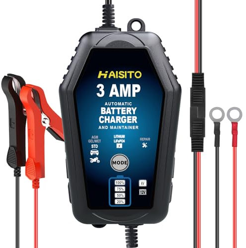 Haisito Caricabatteria da auto 3A, 6 V e 12 V, caricabatterie intelligente completamente automatico per auto, moto, batterie al litio al piombo e al litio ferro fosfato