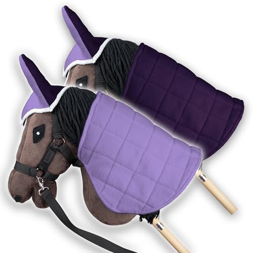 SKIPPI Wendbare Decke und Fliegenhaube für Hobby Horse – Heidekraut und Pflaume, Hobby Horse Zubehör, Zweifarbige Pferdedecke und Fliegenohren für Steckenpferd, für meisten Pferde A3 und A4