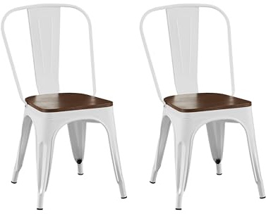 AC Pacific Stackable Metal Dining Chairs Set of 2 for Indoor and Outdoor Use, Durable Stacking Seat, Farmhouse Kitchen, Bar, Patio, Bistro, Cafe, Industrial Style, 2pcs, High Gloss White/Wooden Base