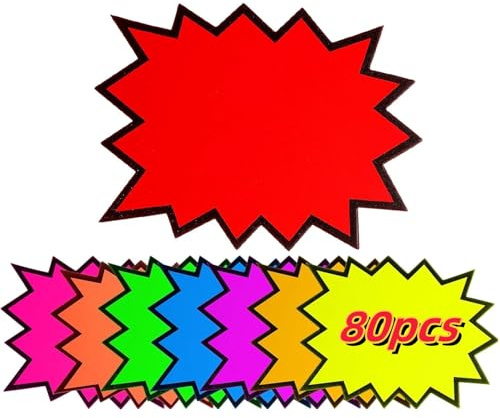 joonnair 80 pièces 18X14 CM Etiquette Prix Fluorescent 8 Couleurs Assorties Étiquettes de Prix en Forme d'Étoile Étiquettes Promotionnelles Étiquette de Vente au Détail en Papier