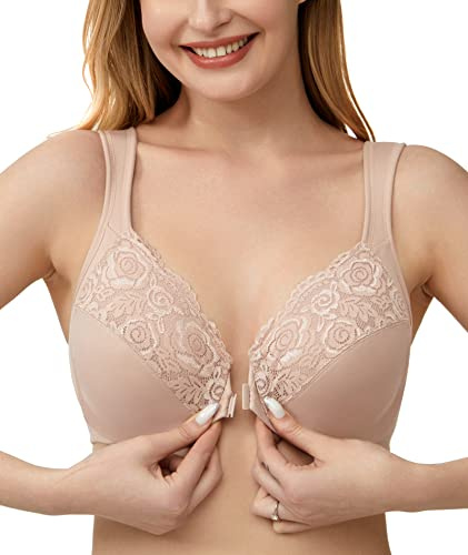 Lemorosy Soutien-Gorge Femme Fermeture Devant Armatures en Dentelle Bonnet Complete Bralette Beige 95C