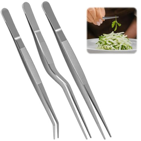 Pinzette da cucina, set di tre: manico dritto, manico curvo e manico angolato, pinze da cucina di precisione in acciaio inox per presentazione e raccolta di alimenti (16 cm)