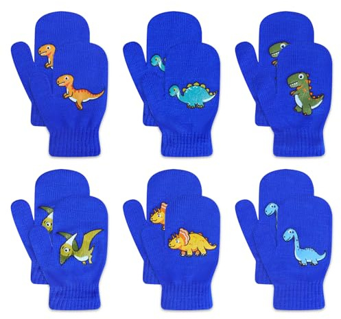 QKURT Manoplas de Punto para Niños Pequeños, 6 pares de Manoplas de Invierno de Dinosaurios para Niños de 2 a 5 Años, Manoplas Elásticas para Bebés, Guantes Mágicos para Niños