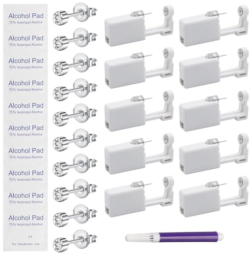 Srumvoat 10 Set Ear Piercing Gun Kit, Pain-less Ear Piercing Gun with 10 Medical Grade Earrings Studs & Wipes and Markers, DIY Disposable Piercings, Home Use for Teens Women Men