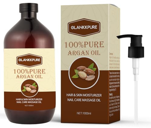 OLANKKPURE 100% Reines Arganöl, Premium Ätherisches Öl für Haare, Haut, Nägel, Massage, Feuchtigkeitspflege, Mehrzweck Körperöl, 1000ml