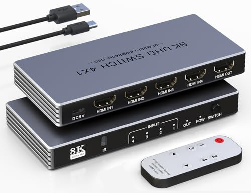 Hdmi Switcher 4 in 1 Out - New 8K@60Hz 4K@240Hz/144Hz/120Hz HDMI Splitter with Remote Support 3D/HDR/HDCP2.3, for PS5/4 Xbox Nintendo Switch Roku Apple TV Fire Stick 4 Port 8k HDMI2.1 Switch