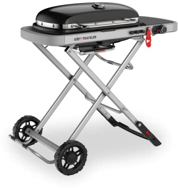 Weber Traveler Portable Gas Grill/Foldable Design with Wheels, Automatic Lid Lock and Built-In Lid Thermometer, Single Burner, 63 x 34 cm Cooking Area, 111 cm Width, Black (9010074)