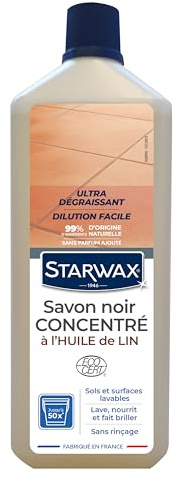 STARWAX Savon Noir à l'Huile de Lin pour Sols Intérieurs - 4x 1L - Nettoie et fait Briller les Sols et Surfaces Lavables