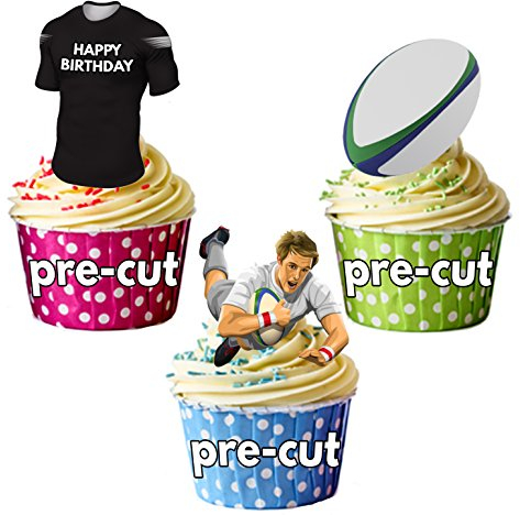 AK Giftshop PRECUT Happy Birthday Rugby Party Pack - Edible Cupcake Toppers/Cake Decorations Ospreys Colours (Pack of 12)