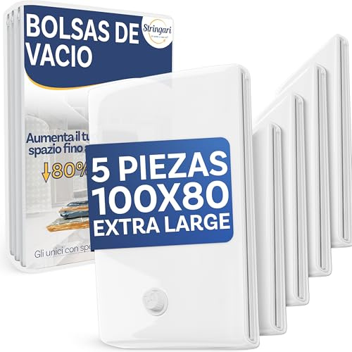 Stringari Sac Sous Vide Vetement Aspirateur Lot de 5 pièces XL 100x80 - Sac de Rangement Sous Vide De Qualité Supérieure - Housse Aspirable Rangement Les Seules Avec une Épaisseur de 90 Microns