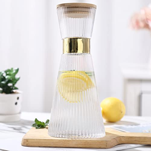 DUJUST Ribbed Glass Carafe with Lid (34oz), Elegant Water Carafe with Gold Decoration, Crystal Glass Carafes, with Thickened Bottom, for Juice, Milk, Tea, Food-Grade Silicone, Leak-proof