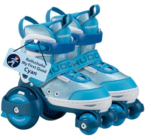 HUDORA Rollschuh My First Quad in Größe 26-29 - Cyan - hochwertige Rollschuhe für Kinder bis 20kg - Kinder Rollschuhe größenverstellbar - sichere Einsteiger-Rollerskates mit großen Rollen