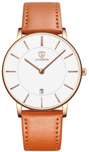 aswan watch Flache Damen Analog Quarz Armbanduhr mit Lederarmband, Datum, 2 Zeiger, 39 mm Gehäusegröße