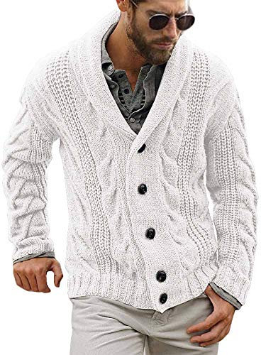 Runcati Herren-Strickjacke, Grobstrickjacke, langärmelig, Zopfmuster, lässiger Schalkragen, geknöpfte Strickwaren, Übermantel, Winteroberbekleidung, weiß, M