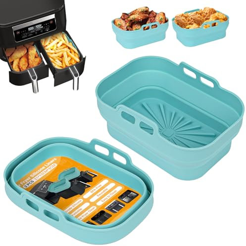Alyvisun Moule Silicone Air Fryer, 2 Pièces Moules pour Friteuse à Air Réutilisable Plat Airfryer Accessoire Rectangulaire Double Ustensiles Panier pour Friteuse Air Chaud, Four, Microonde (Bleu)