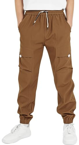 YoungSoul Pantalones cargo impermeables para niños, cintura elástica, para niños, escuela, senderismo, al aire libre, marrón, 13-14 años