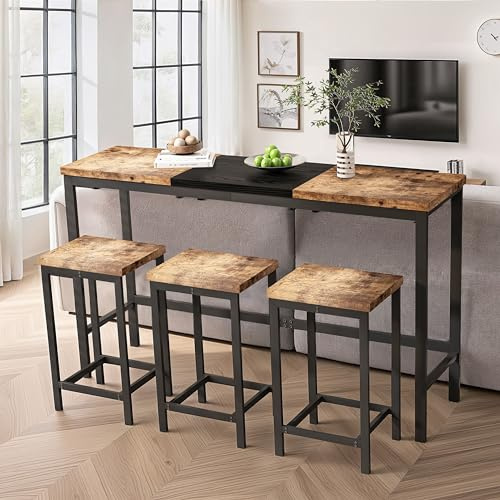 NTYUNRR Bar Table and Chairs Set, 60.24” Long Pub Table with 3 Stools, High Top Table Kitchen Dining Desk, 4-Piece Breakfast Desk Set for Living Room Apartment Small Space (Natural+Black-1)