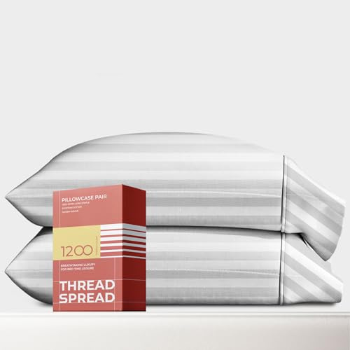 Thread Spread 100% Egyptian Cotton King Size Pillow Cases Set of 2 - Luxury 1200 Series Plush Collection Pillow Cases King Size (White Stripe), Soft Envelope Closure Egyptian Cotton Pillowcases