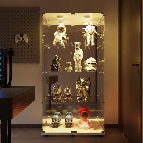BRILVERDE Glasvitrine Stehend, Stehvitrine mit LED und Spiegelrückwand, 4-Stöckige Sammlervitrine mit 2 Türen & Schloss - für Sammler, Bücher, Wein, Büro, Wohnzimmer (Weiß, 164 x 36 x 80 cm)