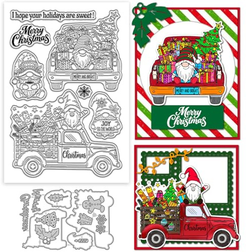 GLOBLELAND Lote Navidad Estampas Transparentes Duendes Camión y Cortadores Metal Regalos Árbol Navideño Sellos Silicona Plantillas Scrapbooking Álbum Fotos